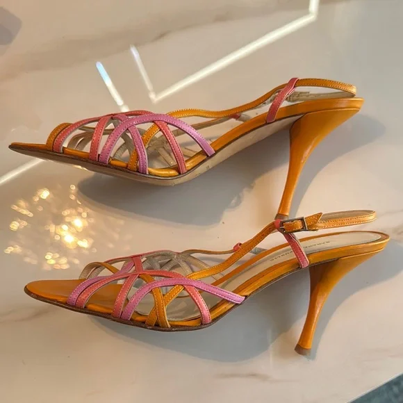 NEW Banana Republic Orange and Pink Sandals with Cross-Straps 4” heel Leather 🤩😍 - Picture 6 of 7
